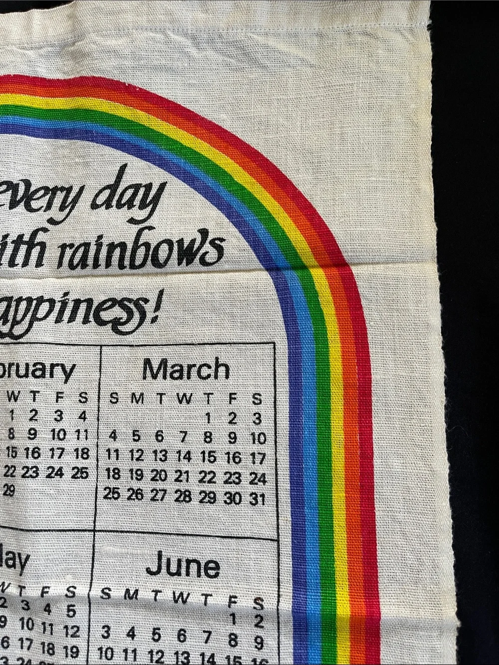 Vtg Linen Calendar 1984 Tea Kitchen Towel RAINBOW Flowers Leap Year Birthday